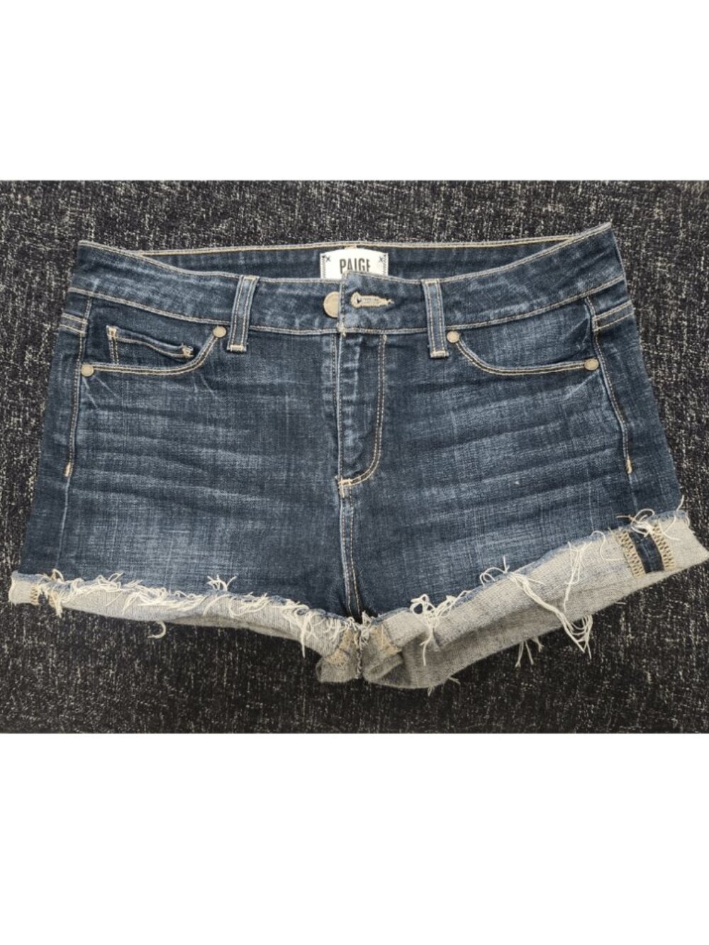 PAIGE Jimmy Jimmy Short Denim Cutoff Shorts Blue Distress Raw Hem Size 28
